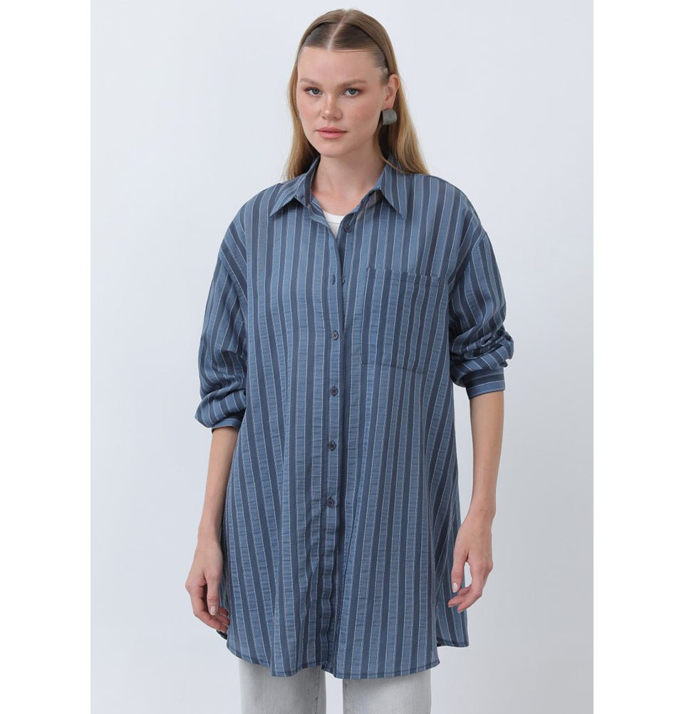 Modefa Tunic Modern Muslim Women's Striped Overshirt Tunic - 10671 - Navy Blue