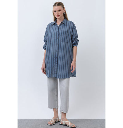 Modefa Tunic Modern Muslim Women's Striped Overshirt Tunic - 10671 - Navy Blue