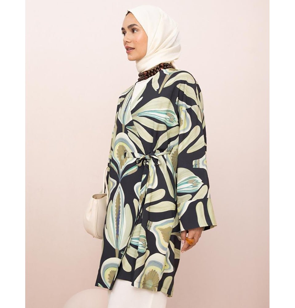 Modefa Tunic Modest Muslim Woman's Relaxed Wrap Kimono - M92011 Indigo Green