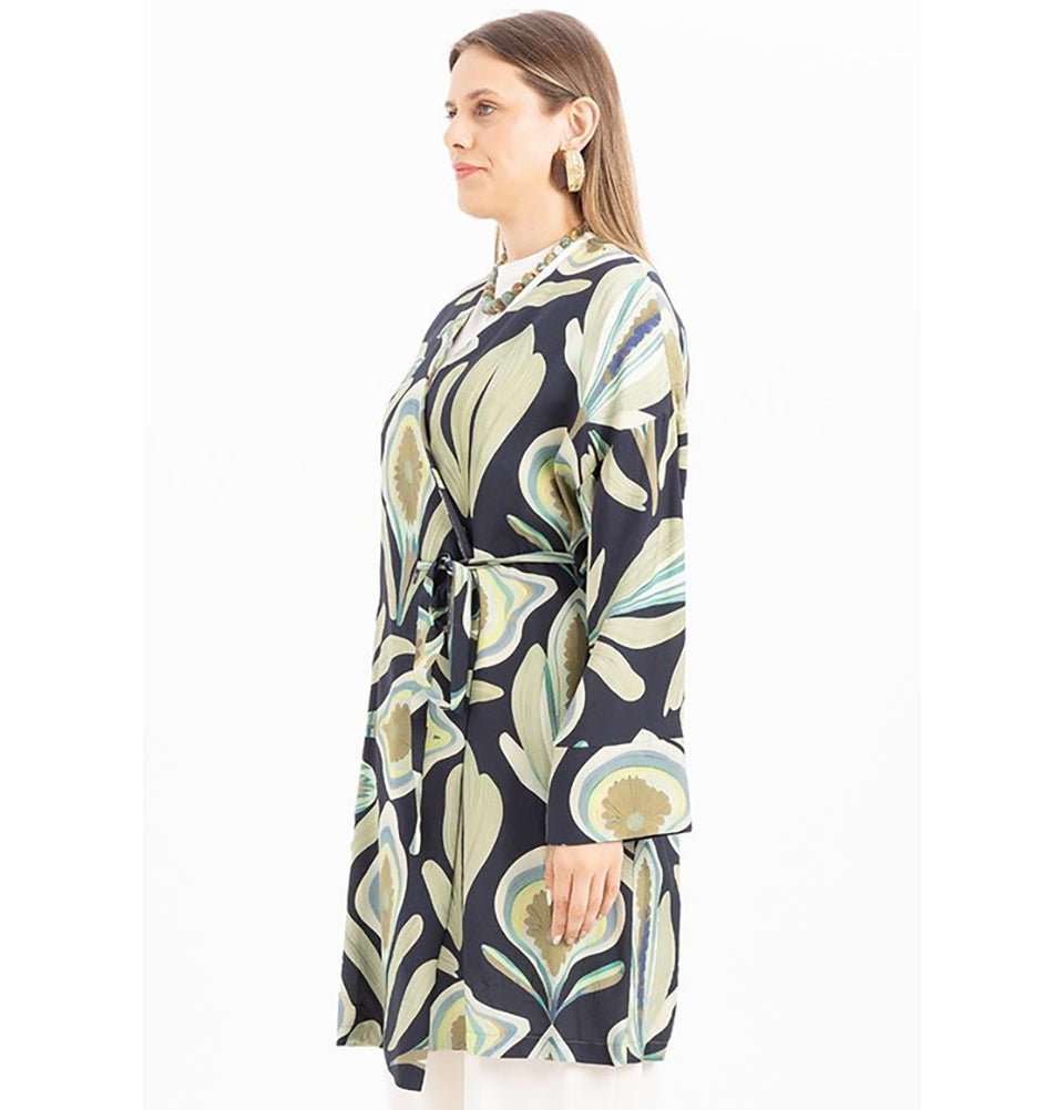 Modefa Tunic Modest Muslim Woman's Relaxed Wrap Kimono - M92011 Indigo Green