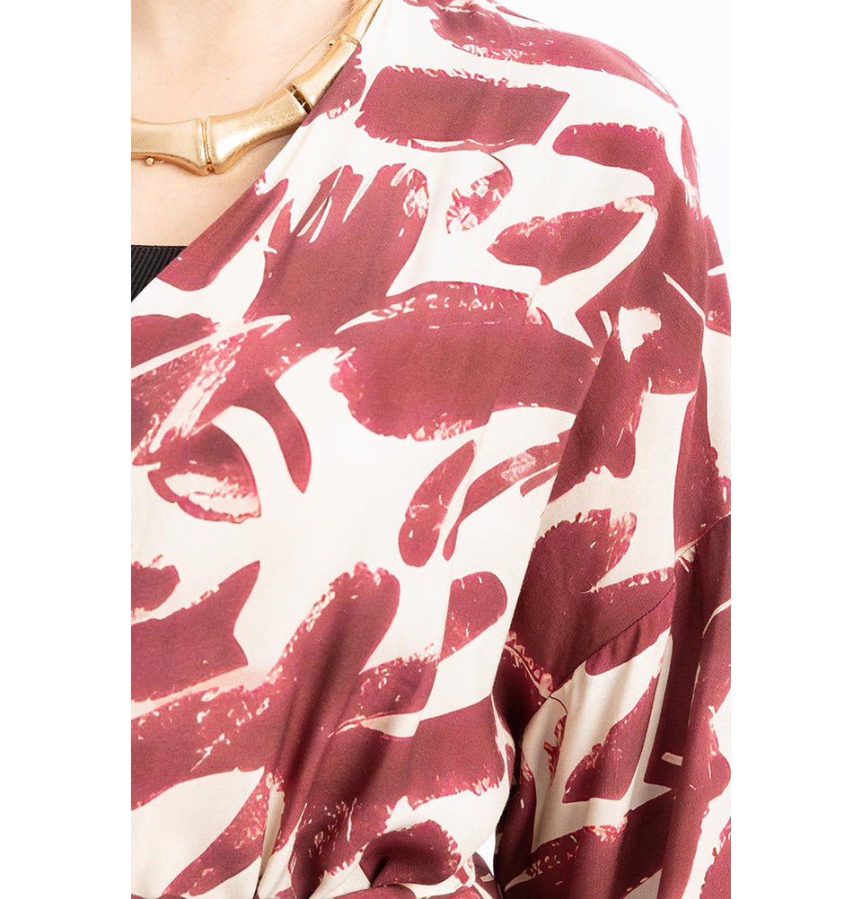 Modefa Tunic Modest Muslim Woman's Relaxed Wrap Kimono - M92011 Stone with Red