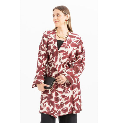 Modefa Tunic Modest Muslim Woman's Relaxed Wrap Kimono - M92011 Stone with Red