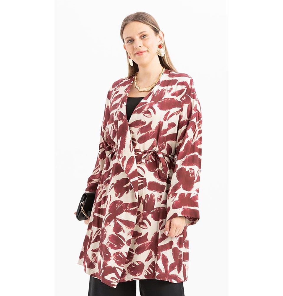 Modefa Tunic Modest Muslim Woman's Relaxed Wrap Kimono - M92011 Stone with Red