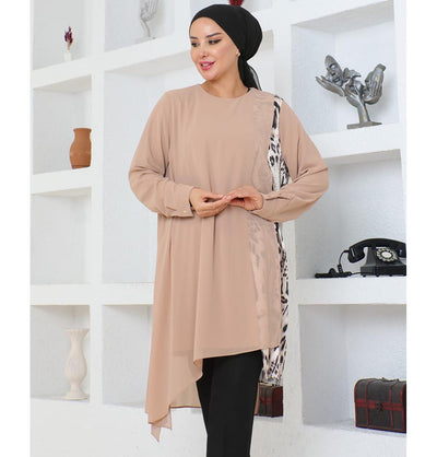 Modefa Tunic Modest Muslim Women’s Asymmetrical Tunic with Zebra Print - M50261 Cappuccino