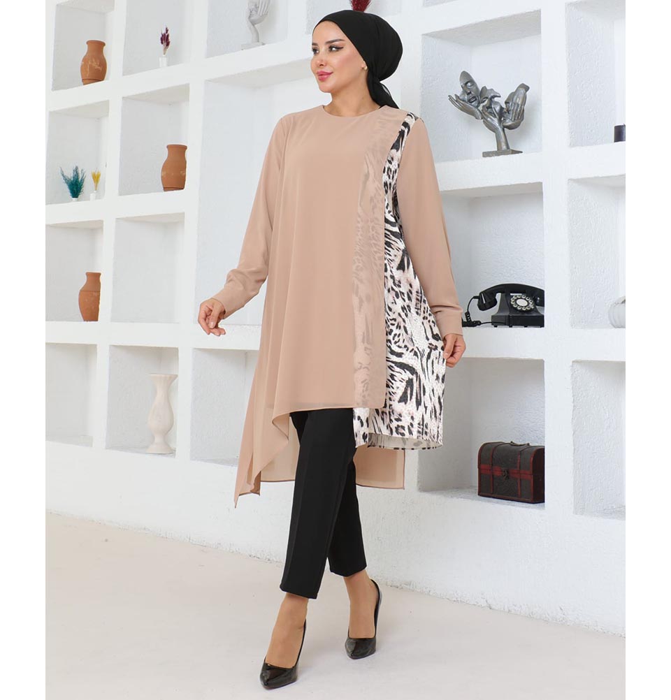 Modefa Tunic Modest Muslim Women’s Asymmetrical Tunic with Zebra Print - M50261 Cappuccino
