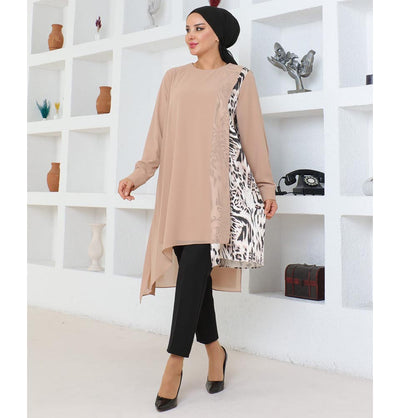 Modefa Tunic Modest Muslim Women’s Asymmetrical Tunic with Zebra Print - M50261 Cappuccino