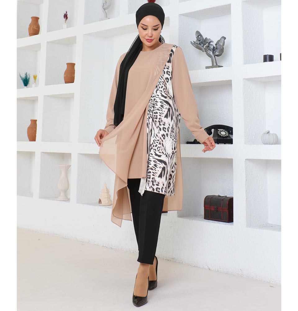 Modefa Tunic Modest Muslim Women’s Asymmetrical Tunic with Zebra Print - M50261 Cappuccino