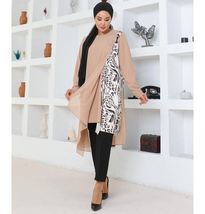 Modefa Tunic Modest Muslim Women’s Asymmetrical Tunic with Zebra Print - M50261 Cappuccino