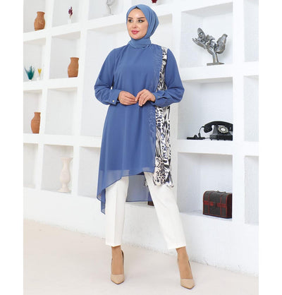 Modefa Tunic Modest Muslim Women’s Asymmetrical Tunic with Zebra Print - M50261 Indigo
