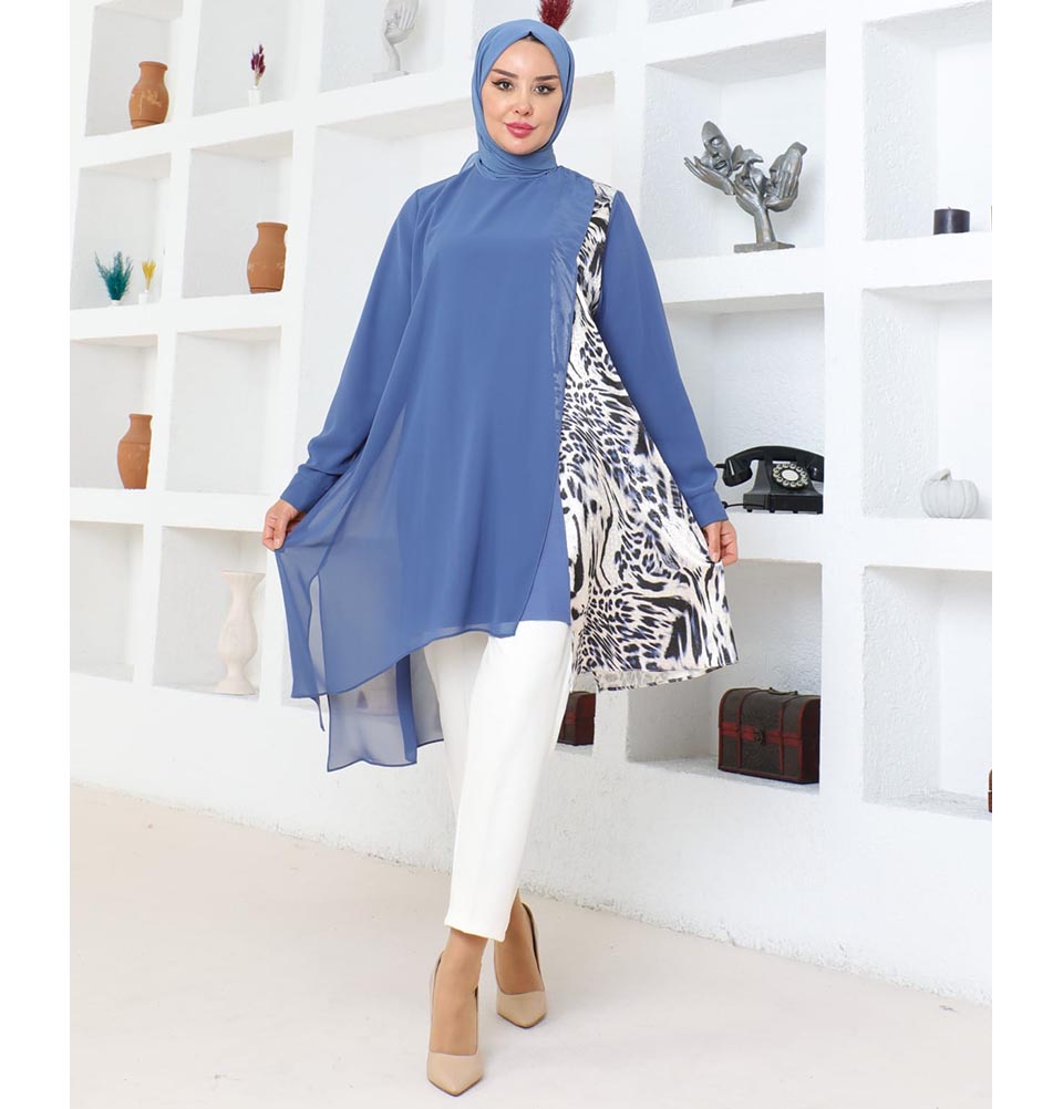 Modefa Tunic Modest Muslim Women’s Asymmetrical Tunic with Zebra Print - M50261 Indigo