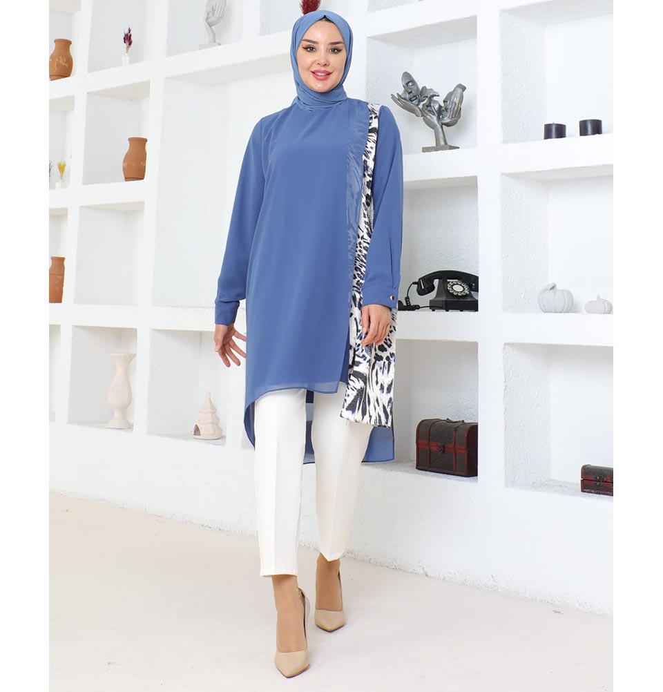 Modefa Tunic Modest Muslim Women’s Asymmetrical Tunic with Zebra Print - M50261 Indigo
