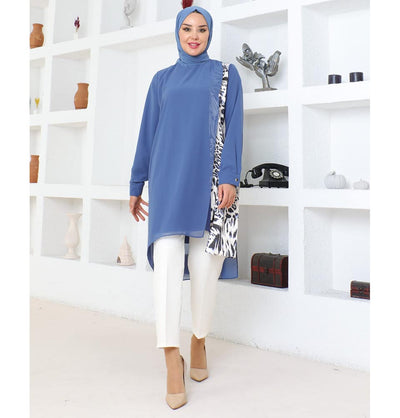 Modefa Tunic Modest Muslim Women’s Asymmetrical Tunic with Zebra Print - M50261 Indigo
