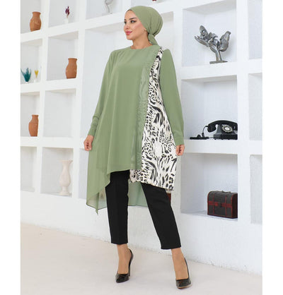 Modefa Tunic Modest Muslim Women’s Asymmetrical Tunic with Zebra Print - M50261 Leaf Green