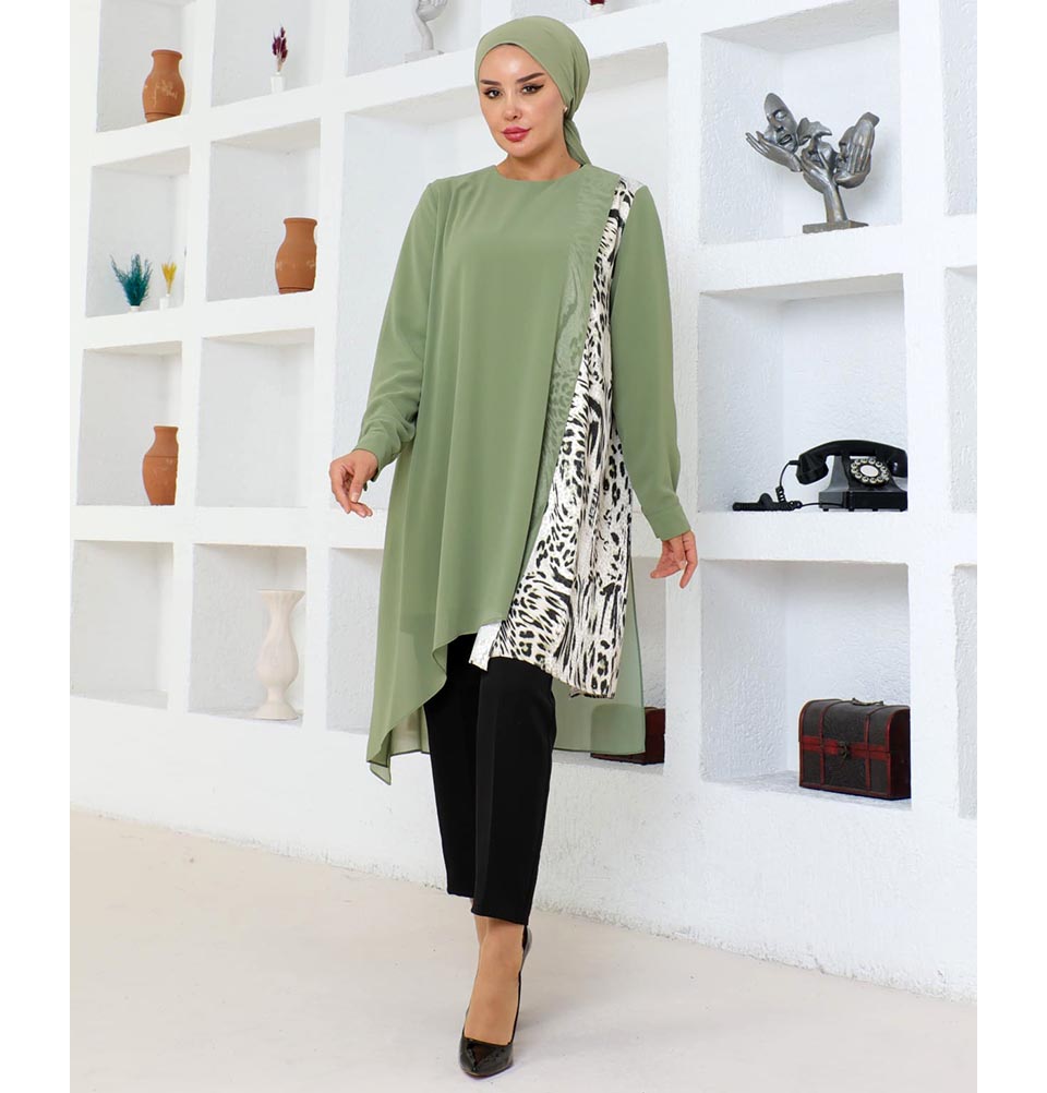 Modefa Tunic Modest Muslim Women’s Asymmetrical Tunic with Zebra Print - M50261 Leaf Green