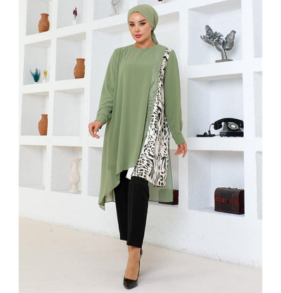 Modefa Tunic Modest Muslim Women’s Asymmetrical Tunic with Zebra Print - M50261 Leaf Green