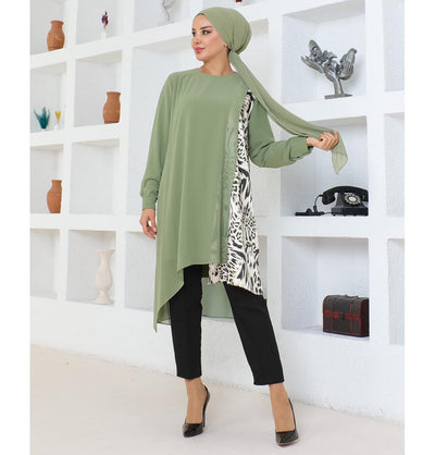 Modefa Tunic Modest Muslim Women’s Asymmetrical Tunic with Zebra Print - M50261 Leaf Green