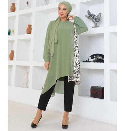 Modefa Tunic Modest Muslim Women’s Asymmetrical Tunic with Zebra Print - M50261 Leaf Green