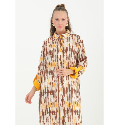 Modefa Tunic Modest Muslim Women's Breezy Maxi Long Blouse Tunic 10515 - Batik Brown & Yellow