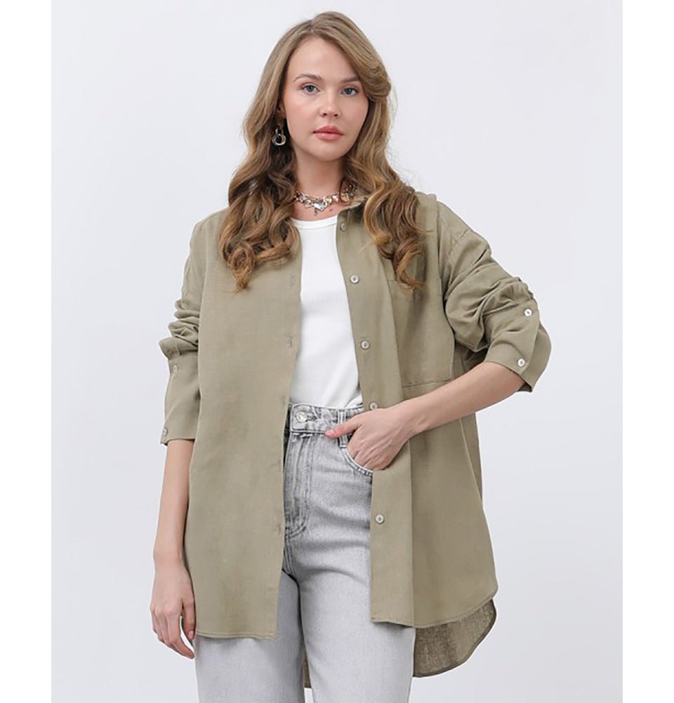 Modefa Tunic Modest Muslim Women's Button Down Linen Tunic - M32328 Khaki Green