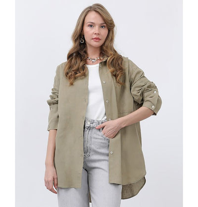 Modefa Tunic Modest Muslim Women's Button Down Linen Tunic - M32328 Khaki Green