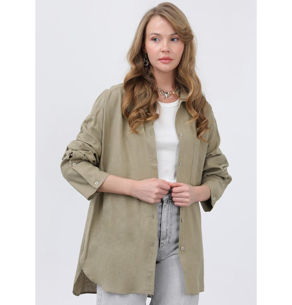 Modefa Tunic Modest Muslim Women's Button Down Linen Tunic - M32328 Khaki Green