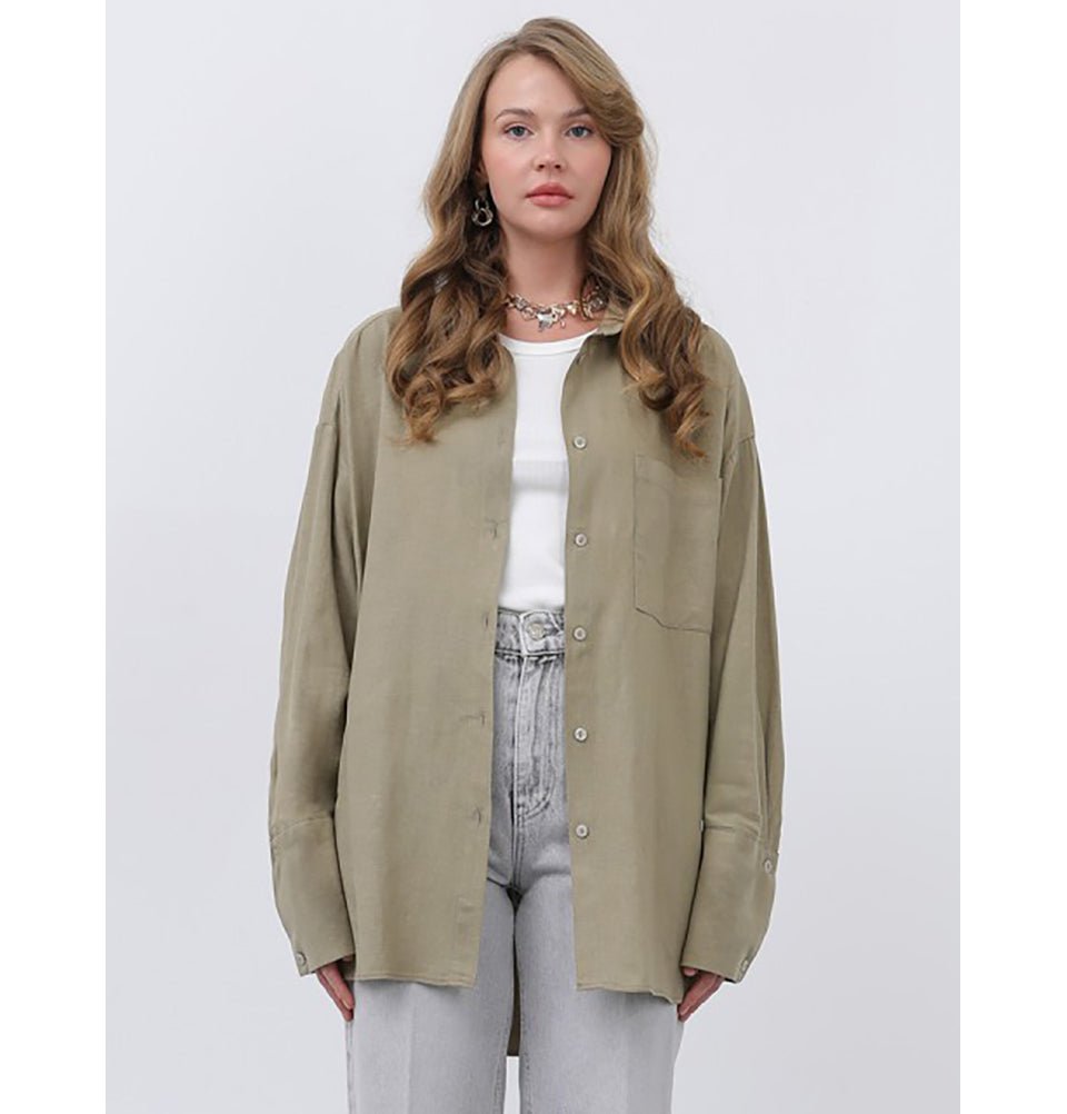 Modefa Tunic Modest Muslim Women's Button Down Linen Tunic - M32328 Khaki Green