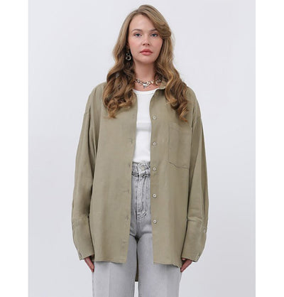 Modefa Tunic Modest Muslim Women's Button Down Linen Tunic - M32328 Khaki Green