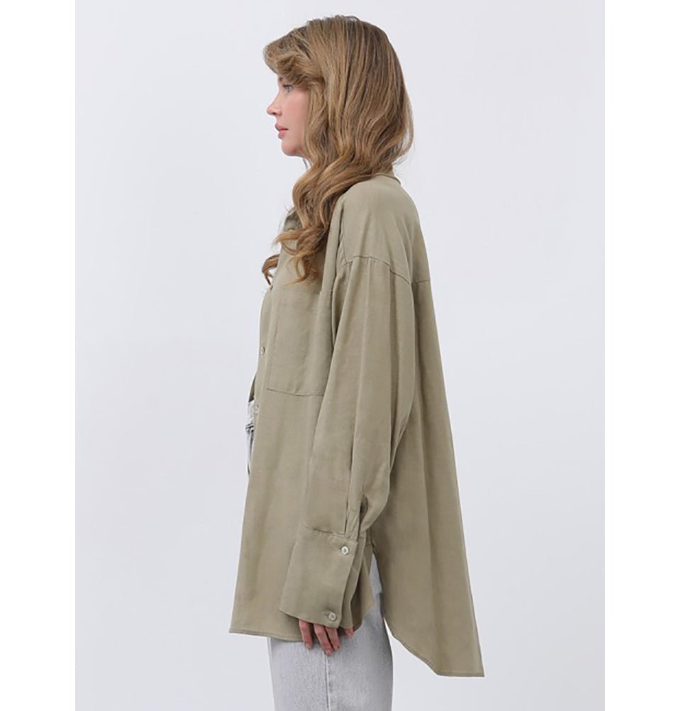 Modefa Tunic Modest Muslim Women's Button Down Linen Tunic - M32328 Khaki Green