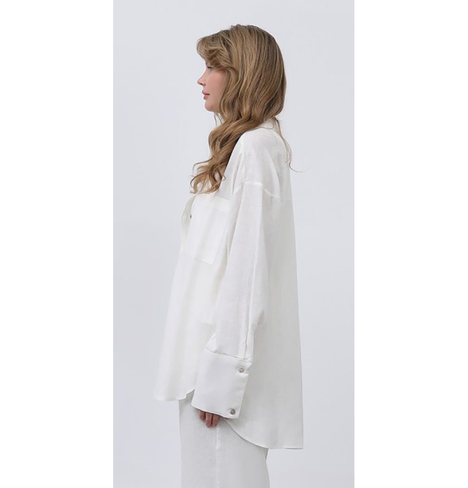 Modefa Tunic Modest Muslim Women's Button Down Linen Tunic - M32328 Natural White