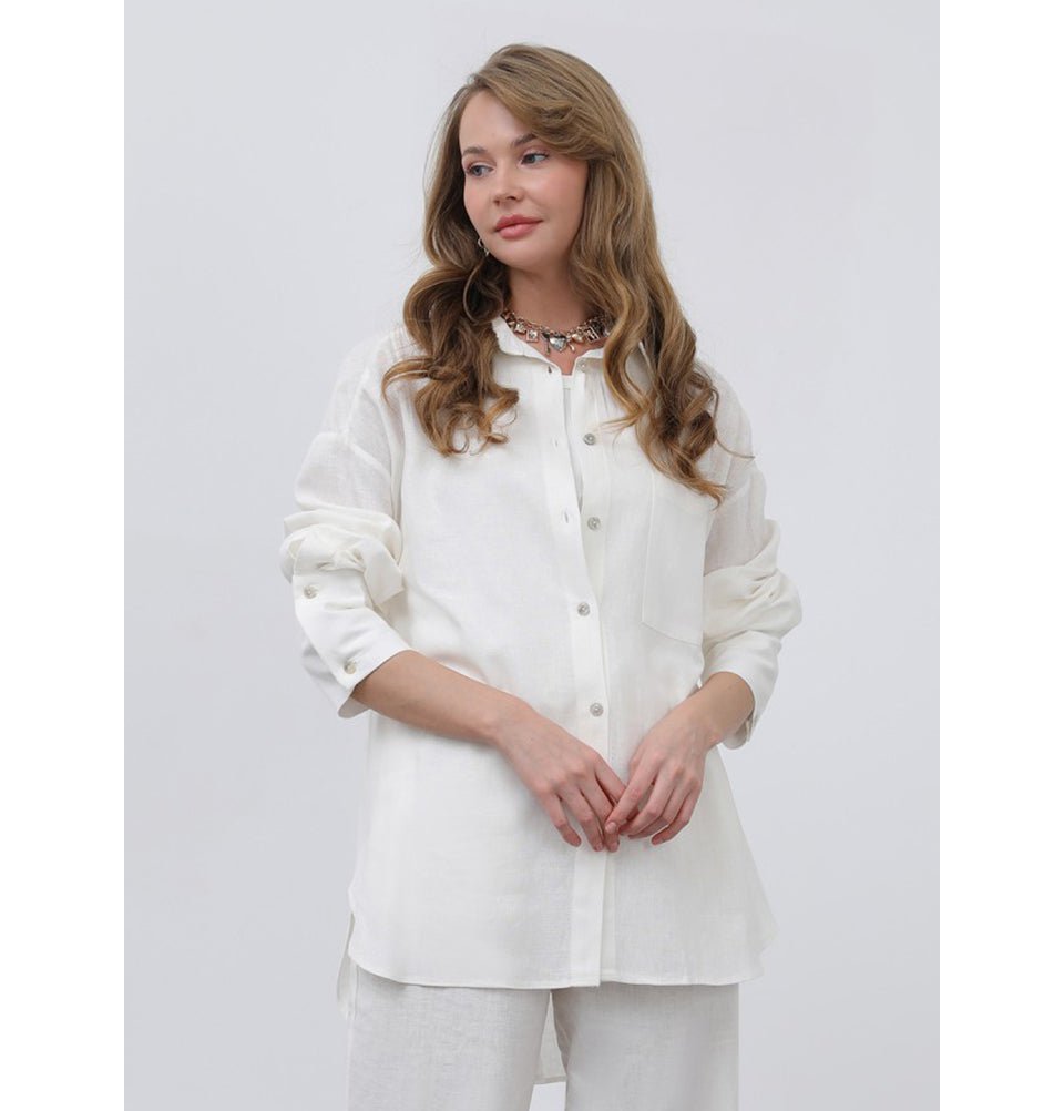 Modefa Tunic Modest Muslim Women's Button Down Linen Tunic - M32328 Natural White