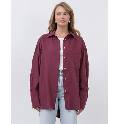 Modefa Tunic Modest Muslim Women's Button Down Linen Tunic - M32328 Plum Red