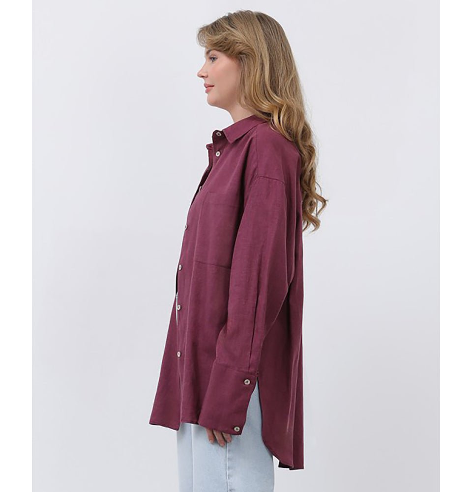 Modefa Tunic Modest Muslim Women's Button Down Linen Tunic - M32328 Plum Red