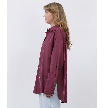 Modefa Tunic Modest Muslim Women's Button Down Linen Tunic - M32328 Plum Red