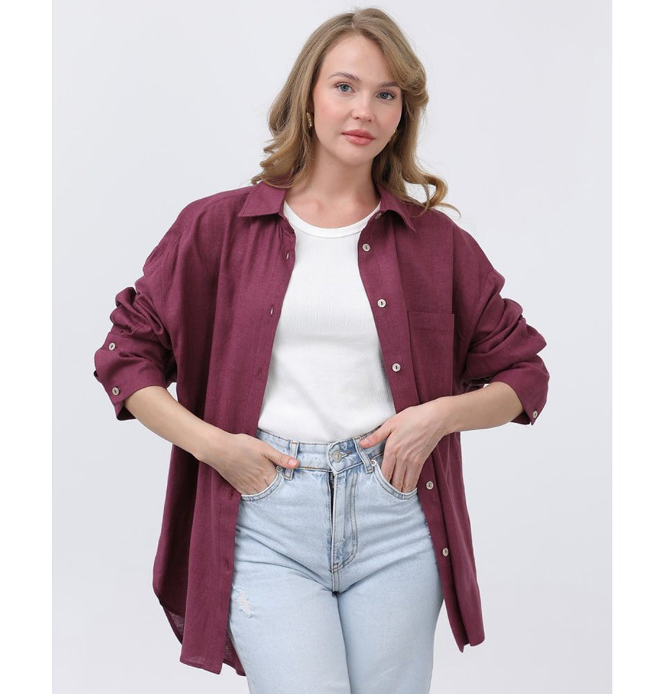 Modefa Tunic Modest Muslim Women's Button Down Linen Tunic - M32328 Plum Red