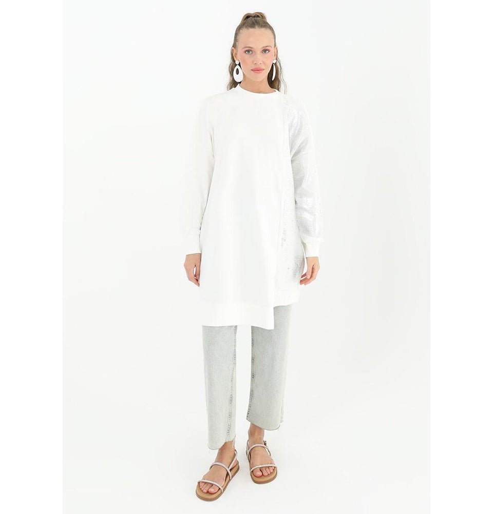 Modefa Tunic Modest Muslim Women's Distressed Metallic Tunic - 10474 White