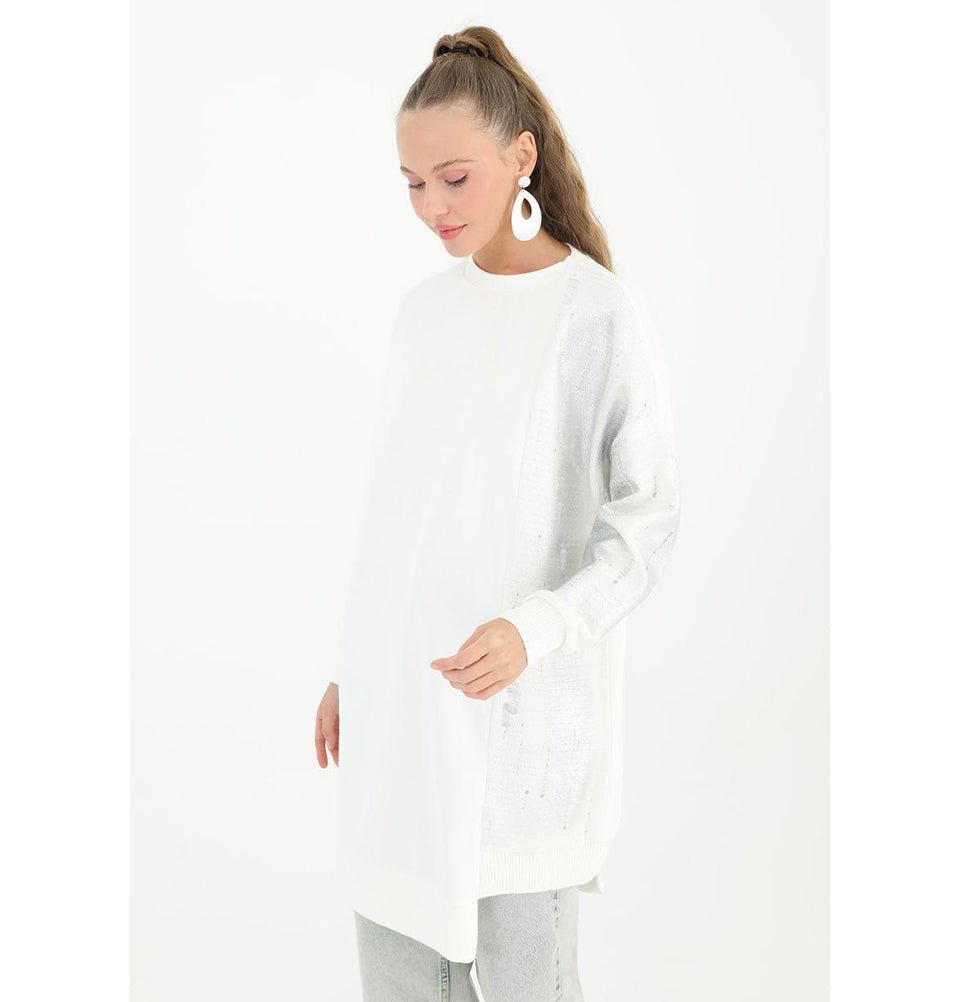 Modefa Tunic Modest Muslim Women's Distressed Metallic Tunic - 10474 White