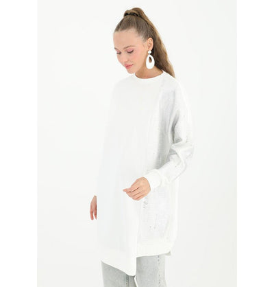Modefa Tunic Modest Muslim Women's Distressed Metallic Tunic - 10474 White