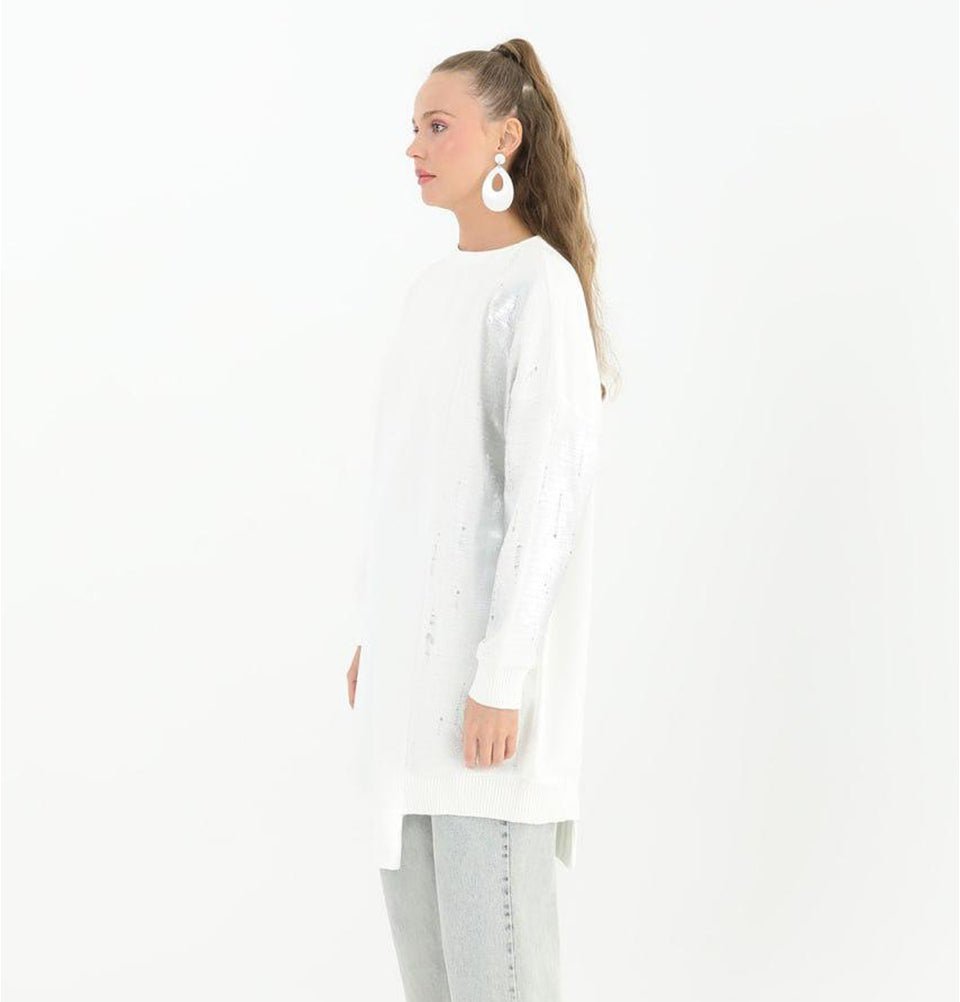 Modefa Tunic Modest Muslim Women's Distressed Metallic Tunic - 10474 White