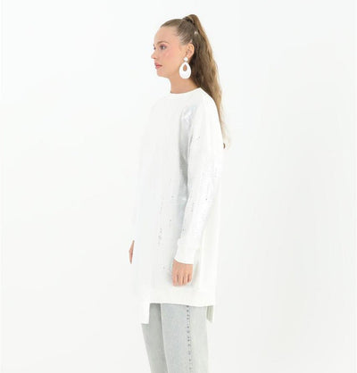 Modefa Tunic Modest Muslim Women's Distressed Metallic Tunic - 10474 White
