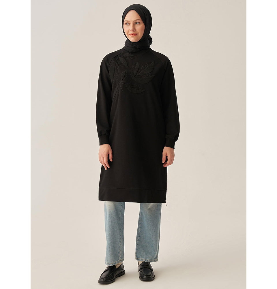 Modest Muslim Women's Embroidered Leaf Tunic - 50306 Black