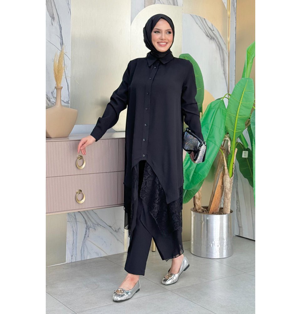 Modest Muslim Women's Fancy Laced Tunic - 2758 Black
