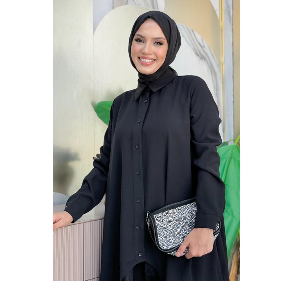 Modest Muslim Women's Fancy Laced Tunic - 2758 Black