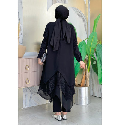 Modefa Tunic Modest Muslim Women's Fancy Laced Tunic - 2758 Black