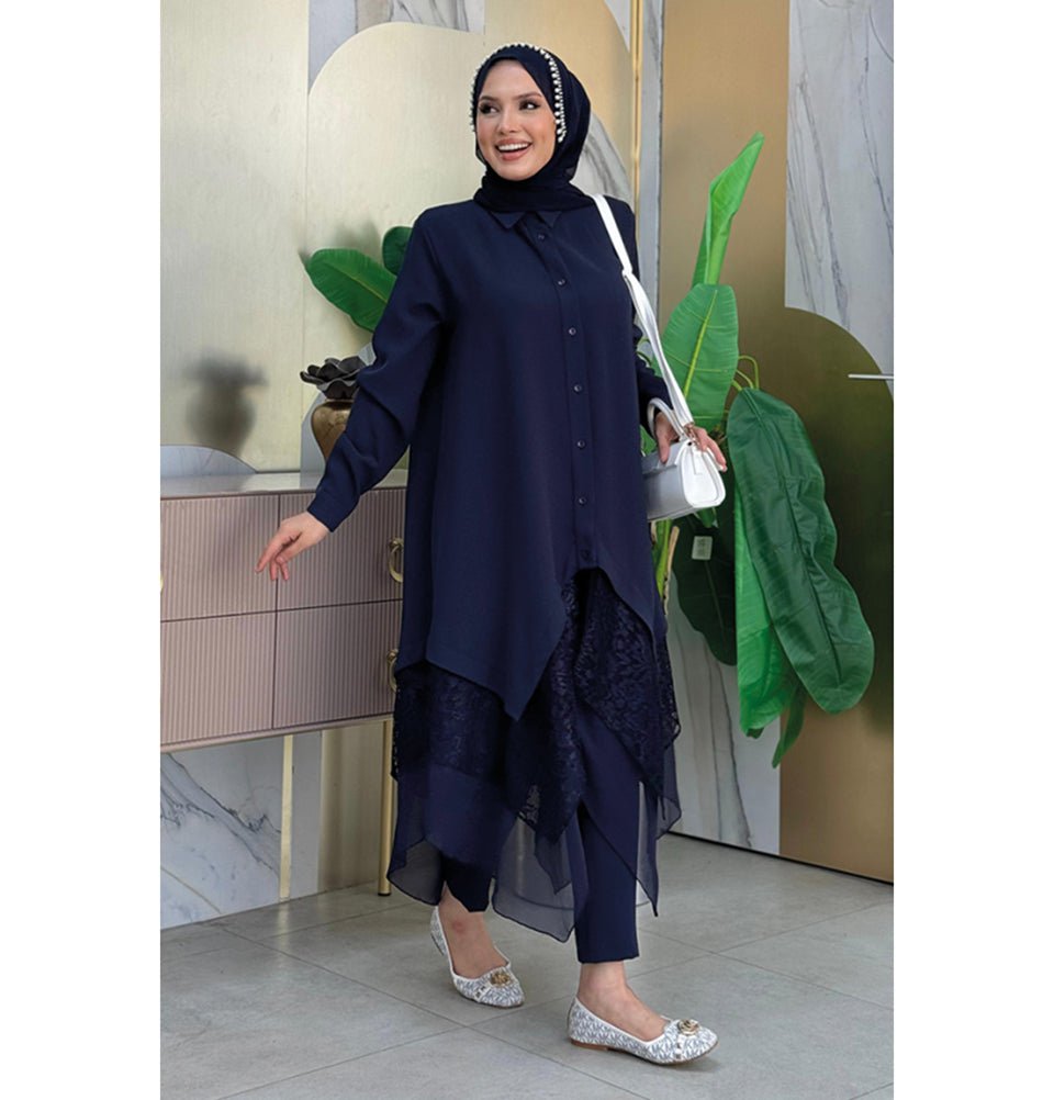 Modefa Tunic Modest Muslim Women's Fancy Laced Tunic - 2758 Navy Blue