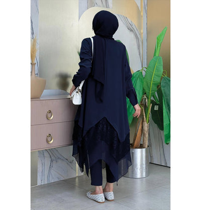 Modefa Tunic Modest Muslim Women's Fancy Laced Tunic - 2758 Navy Blue