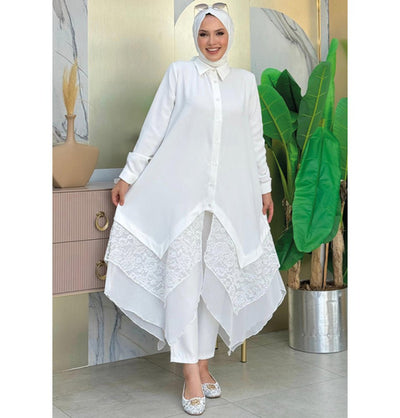 Modefa Tunic Modest Muslim Women's Fancy Laced Tunic - 2758 White