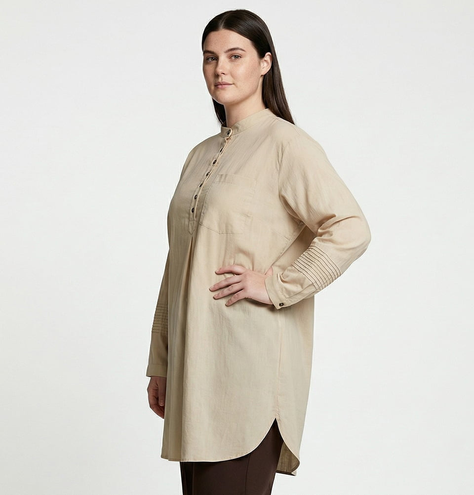 Women's Half-Placket Pintuck Detail Tunic - 55054 Beige