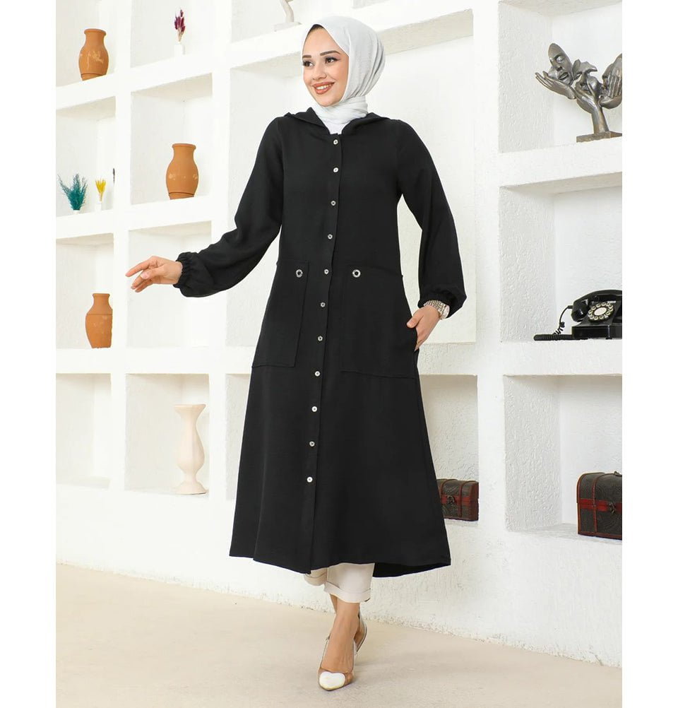 Modest Muslim Women's Long Hooded Tunic 5213 - Black