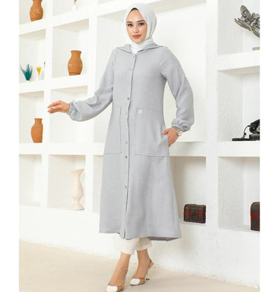Modefa Tunic Modest Muslim Women's Long Hooded Tunic - 5213 Grey