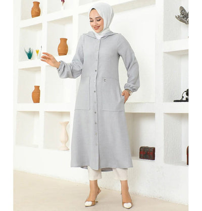 Modefa Tunic Modest Muslim Women's Long Hooded Tunic - 5213 Grey